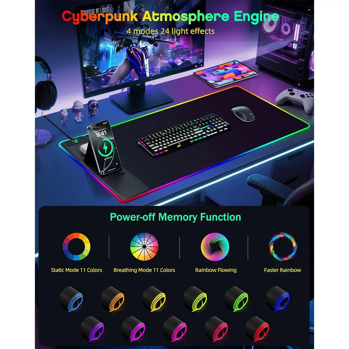 4-in-1 RGB Gaming Mouse Pad with ABS Wireless Charging (15W), Excel Shortcuts, Phone Stand, 13 LED Modes, 31.5x11.8in Non-Slip Waterproof Surface, 1.5m Cable, Bonus Stretch Guide, Gaming Stuff, Work & Office Accessories, Easy Maintenance, Work Accessories