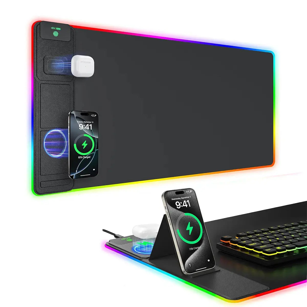 4-in-1 RGB Gaming Mouse Pad with ABS Wireless Charging (15W), Excel Shortcuts, Phone Stand, 13 LED Modes, 31.5x11.8in Non-Slip Waterproof Surface, 1.5m Cable, Bonus Stretch Guide, Gaming Stuff, Work & Office Accessories, Easy Maintenance, Work Accessories