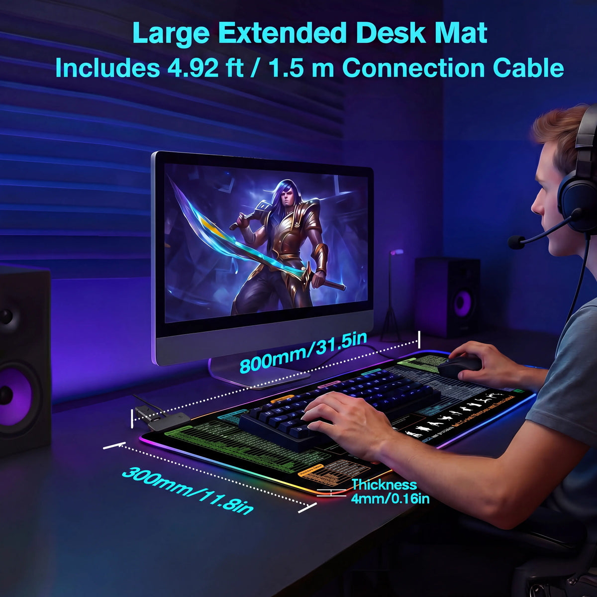 4-in-1 RGB Gaming Mouse Pad with ABS Wireless Charging (15W), Excel Shortcuts, Phone Stand, 13 LED Modes, 31.5x11.8in Non-Slip Waterproof Surface, 1.5m Cable, Bonus Stretch Guide, Gaming Stuff, Work & Office Accessories, Easy Maintenance, Work Accessories