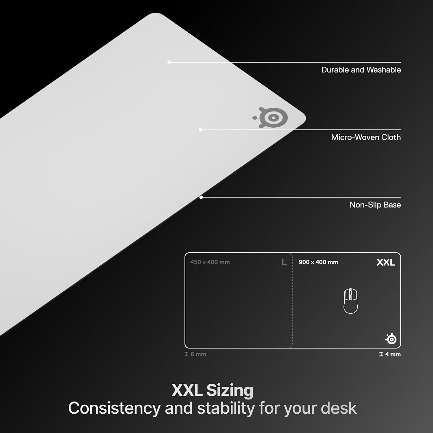 SteelSeries QcK Heavy Gaming Mousepad — Thicker, Non-Slip Silicone Rubber Base, Peak Tracking, Optimized for Gaming FPS, MOBAs, RTS, MMO — XXL Size 900 mm x 400 mm x 4 mm — White