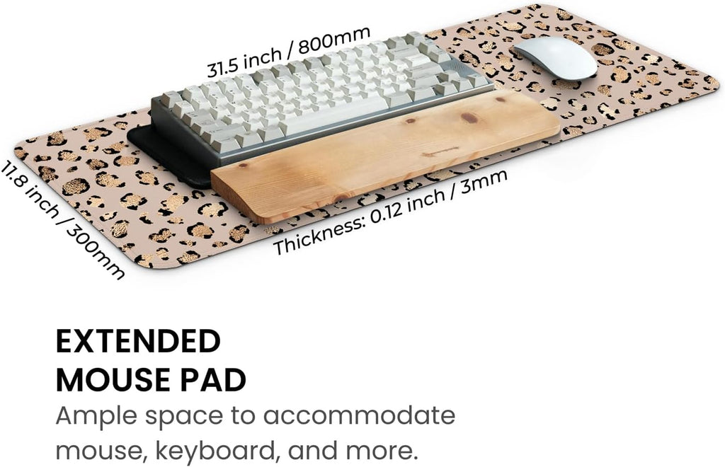 MAY FLOWER Gaming Mouse pad, Large Laptop Mousepad, Full Keyboard Mat, Long Computer Mouse Mat for Home and Office, Anti-Slip Rubber Base, 31.5 x 11.8 Inches (Leopard Print)