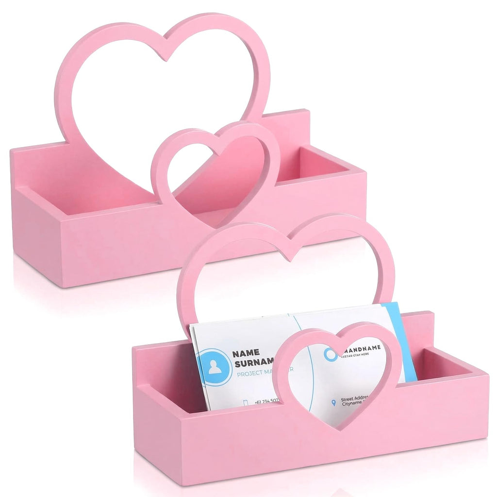 Weysat 2 Pcs Pink Bow Wooden Business Card Holders for Women Desk