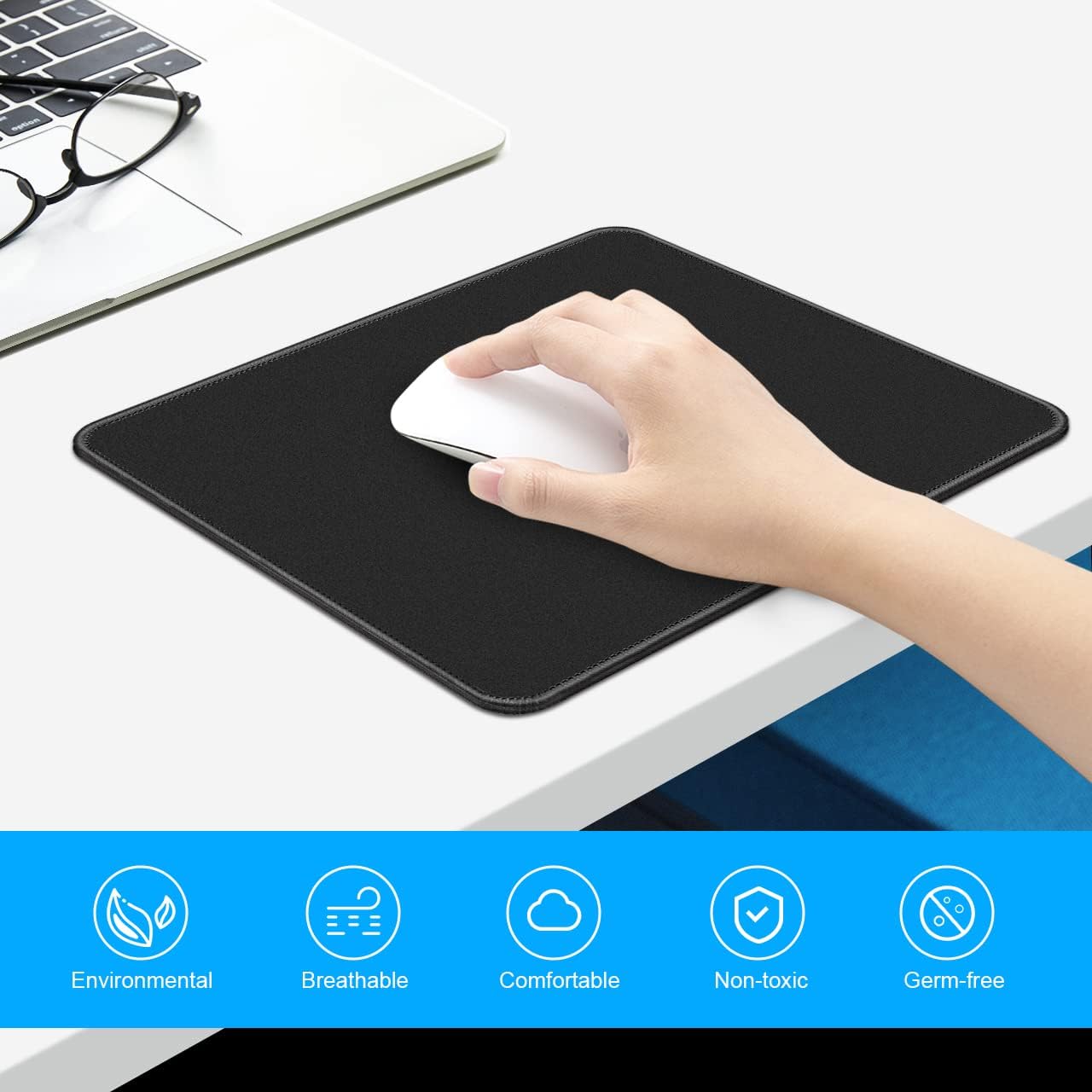 3 Pack Standard Mouse Pad with Stitched Edges, 10.3 x 8.3 in Black