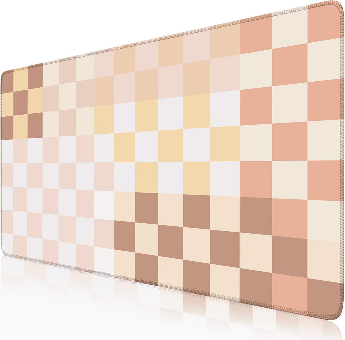 Checkered Desk Mat Cute Pink Pastel XXL Large Mouse Pad Aesthetic Boho Desk Pad with Stitched Edges, Office Decor Keyboard Pad Mouse Mat for Computer