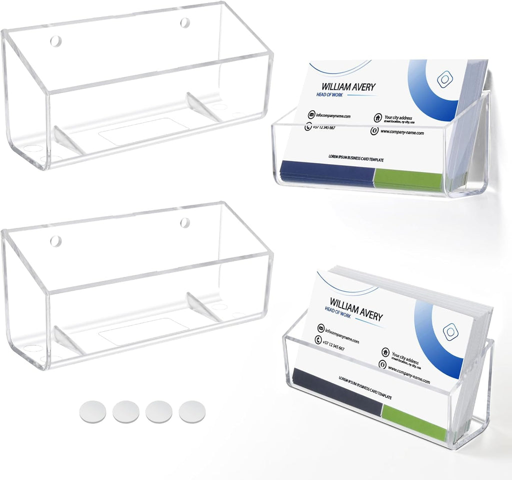 Acrylic Business Card Holder, 2 Pack Wall Mount Name Card Holder, Office Calling Cards Display Holder Stand, Visiting Cards Desktop Organizer for Wall Mount or Place on Desk, Fits 40-60 Business Cards