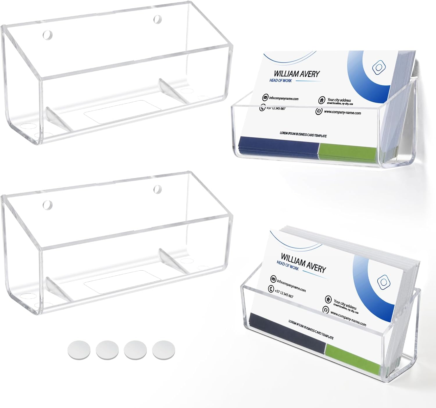 Acrylic Business Card Holder, 2 Pack Wall Mount Name Card Holder, Office Calling Cards Display Holder Stand, Visiting Cards Desktop Organizer for Wall Mount or Place on Desk, Fits 40-60 Business Cards