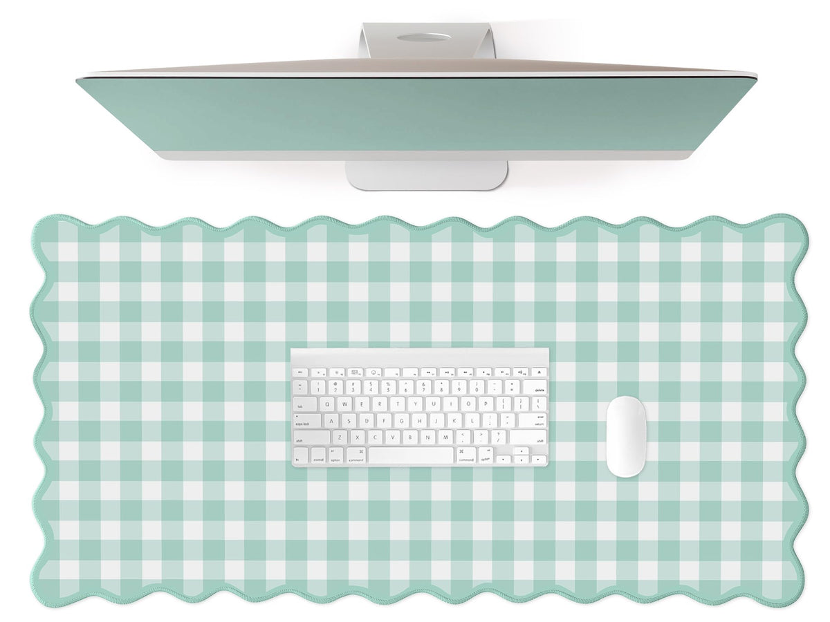 Scalloped‌ Green Checkered Desk Mat Cute Pastel Large Gaming Mouse Pad Gingham Kawaii Cottagecore ‌Vintage‌ Girly Keyboard Computer Mat Aesthetic Desk Pad Accessories Office Decor for Women