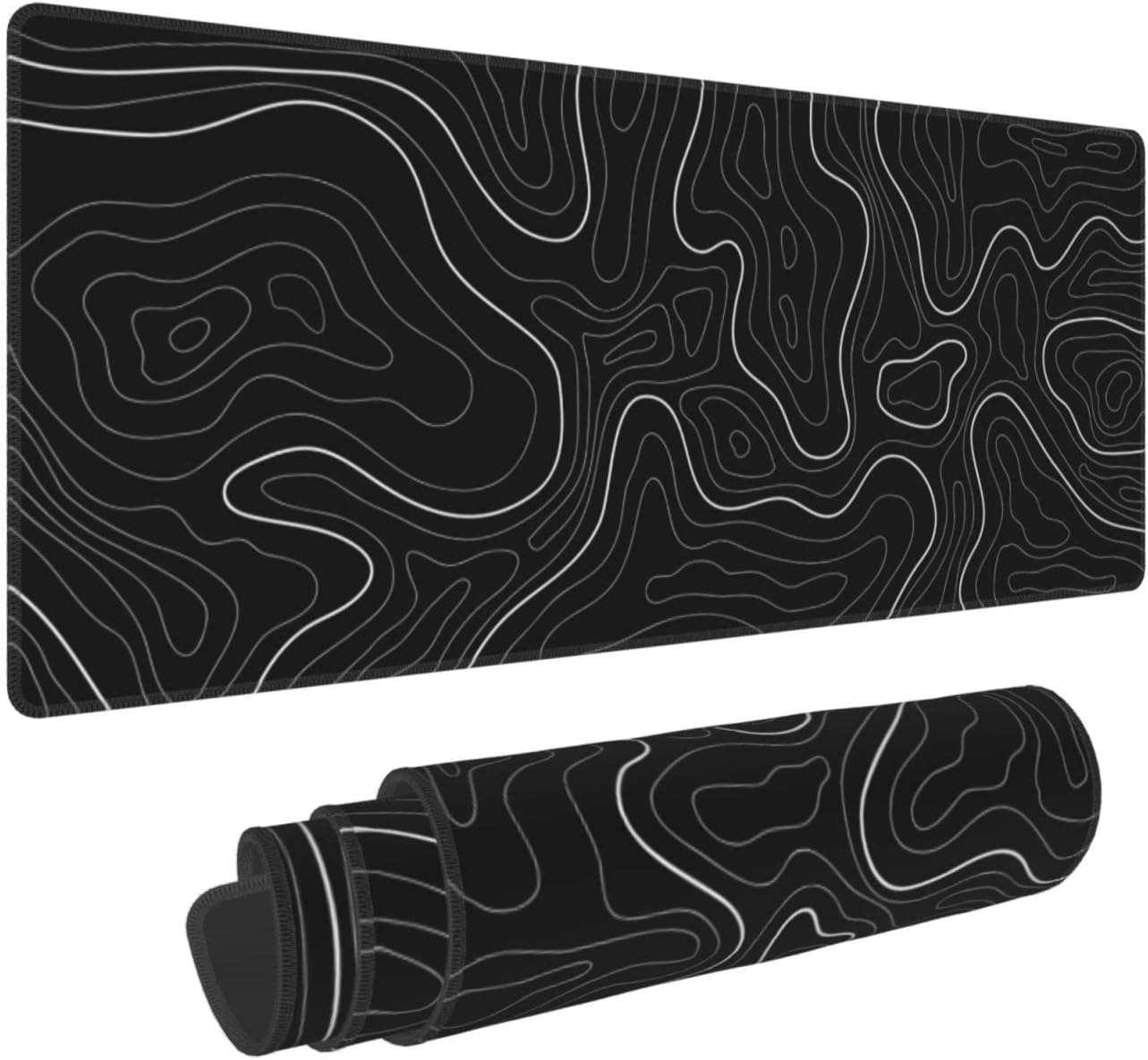 Abstract Topographic Map White Grey Black Gaming Mouse Pad Long Mouse Pad Large Desk Mat 31.5 X 11.8 Inch Mousepad with Non-Slip Base Stitched Edge Keyboard Mat for Gaming Office