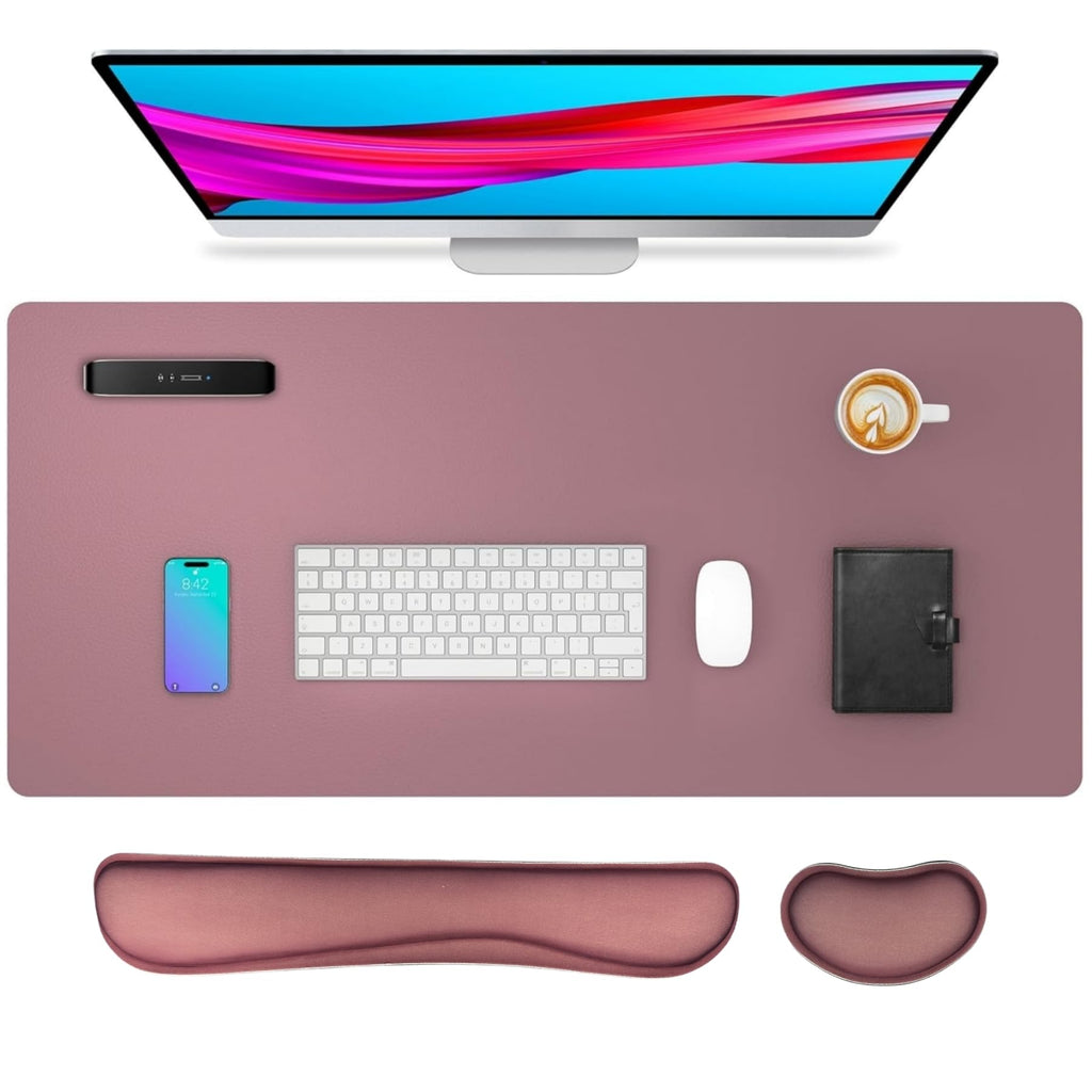 Bloss Leather Desk Pad and Keyboard Wrist Rest, Large Mouse Pad + Keyboard Pad+Mouse Wrist Support, Non-Slip Desk Mat Protector for Office, Home(31.5×15.7 Inches,Beige)