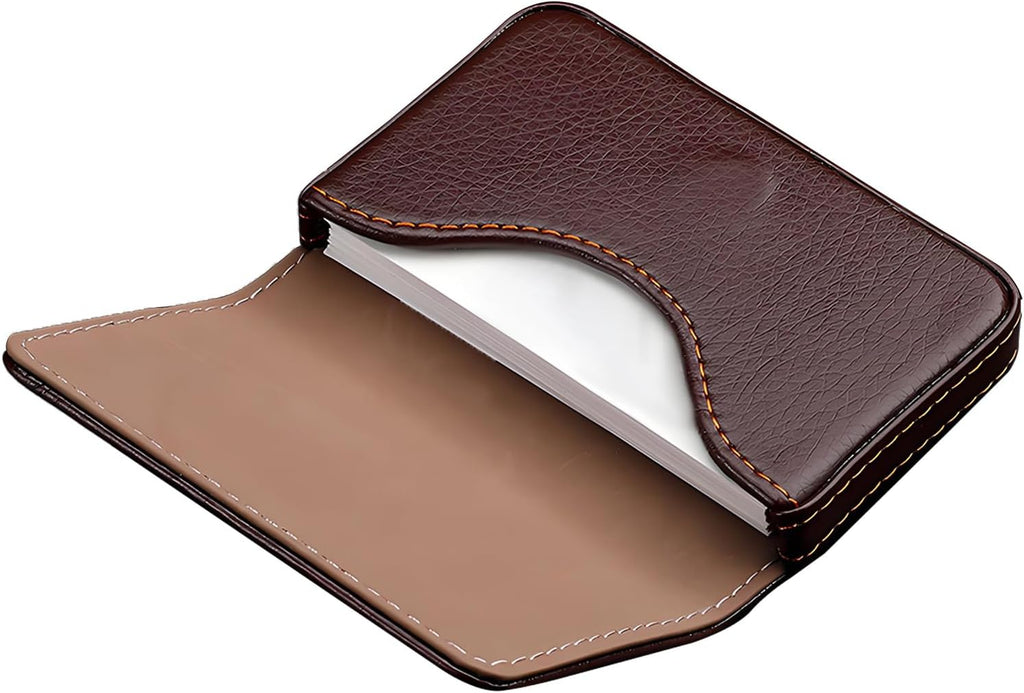 Business Card Holder PU Leather with Magnetic Closure, Slim Pocket Name Card Case for Men & Women, Professional Card Wallet for Office & Travel (Brown)