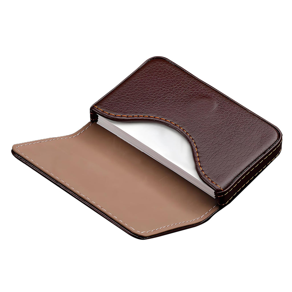 Business Card Holder PU Leather with Magnetic Closure, Slim Pocket Name Card Case for Men & Women, Professional Card Wallet for Office & Travel (Brown)