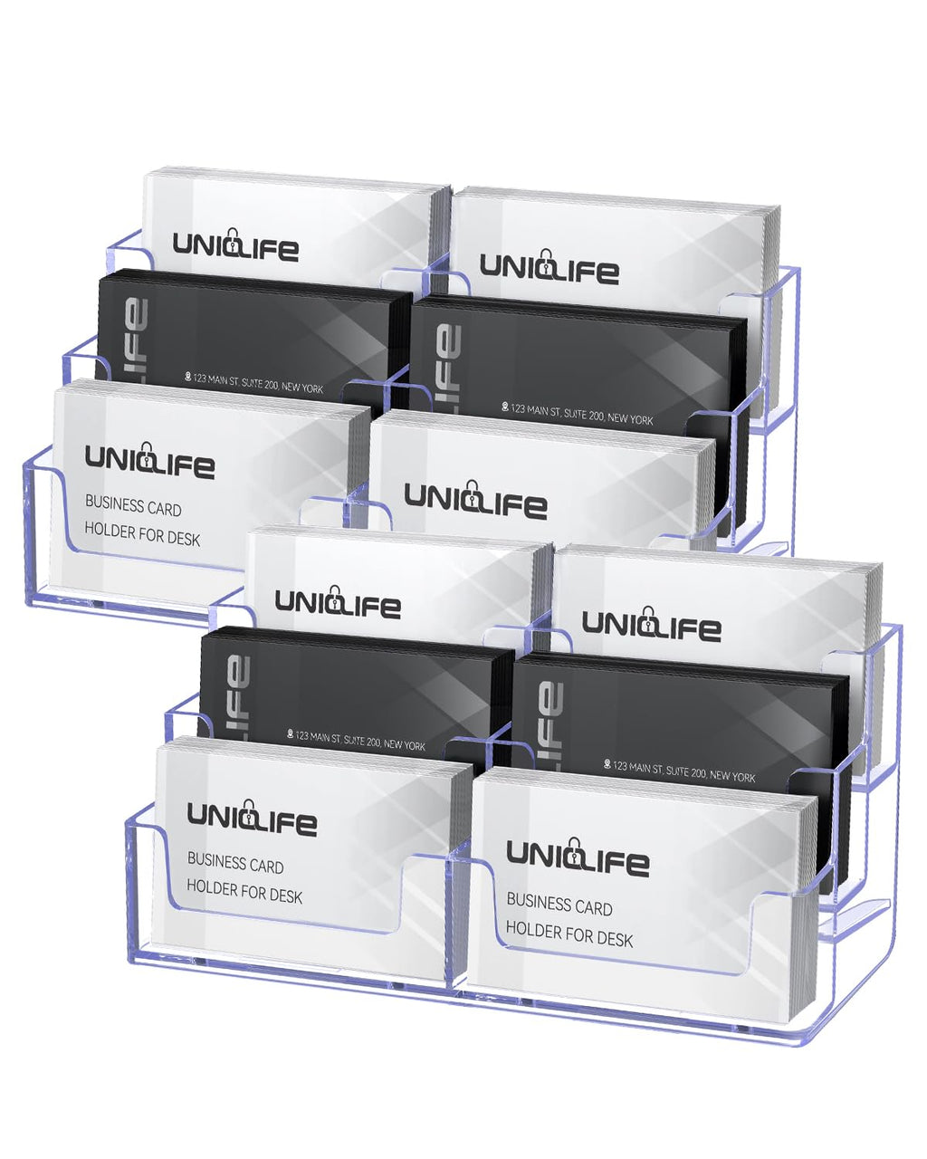 Uniclife 2 Pack Acrylic Business Card Holder for Desk 8 Slots Clear Business Card Display Stand for Men & Women Desktop Business Card Organizer Card Stand for Office Home Exhibition, 480 Card Capacity