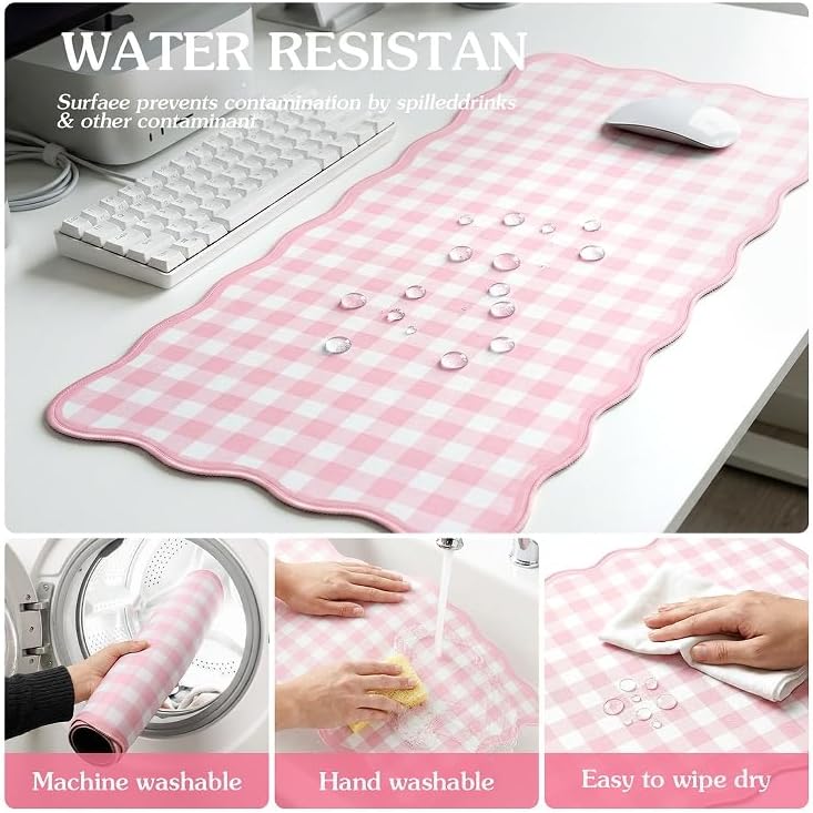 Scalloped Gingham Pink Desk Mat,Large Cute Desk Pad for Keyboard Mouse,Girly Mouse Pad for Desktop Office