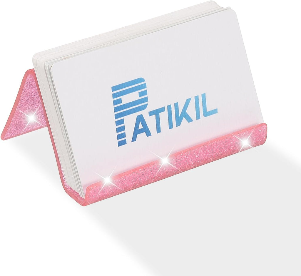 PATIKIL Business Card Holder for Desk, Acrylic Business Card Holders Shine Card Stand Organizer Cards Display for Office Exhibition, Pink