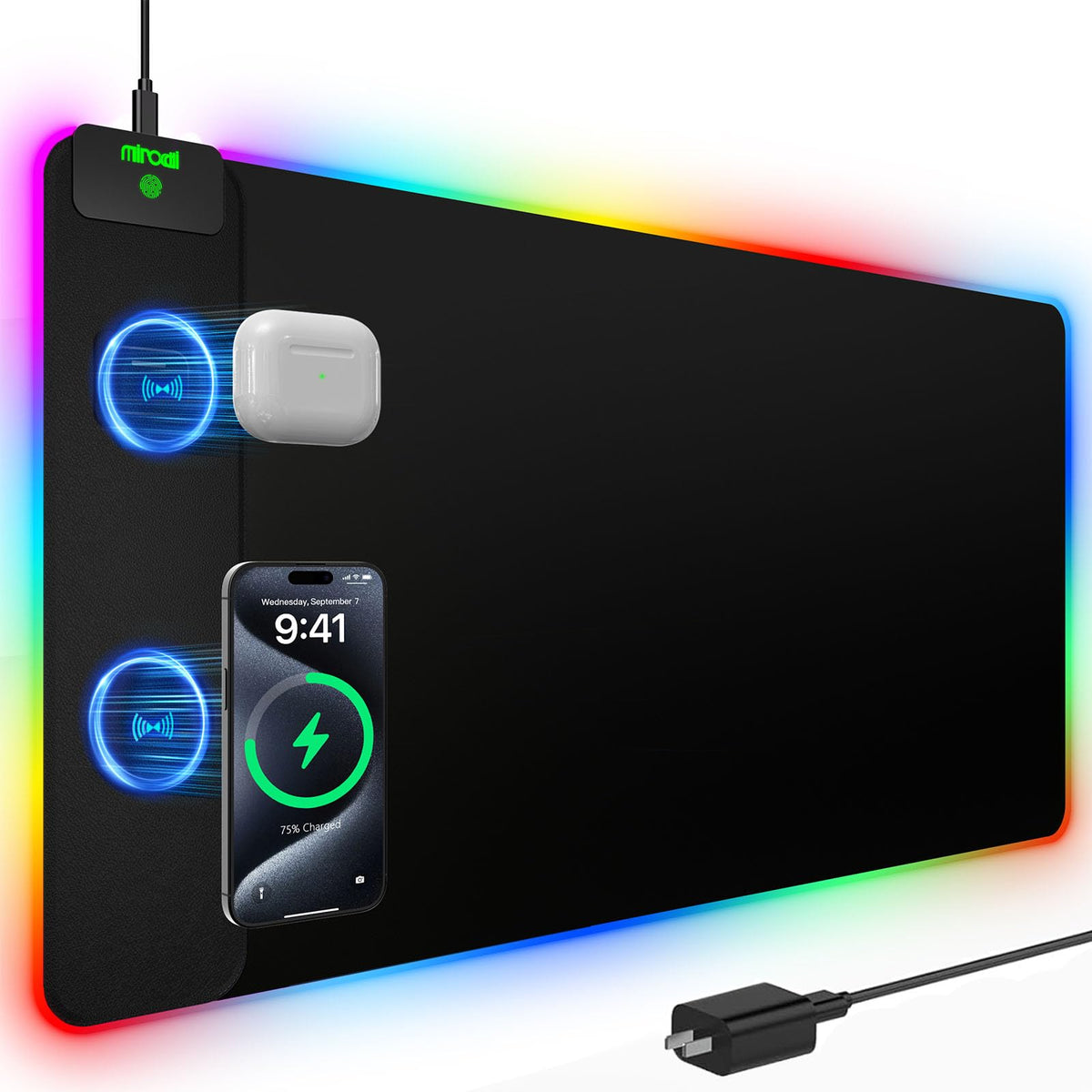 XXL Mouse Pad with Phone Holder - Black, RGB Desk Mat with 15W Fast Charging, LED Gaming Mousepad with 11 Light Colors, Waterproof Non-Slip Pad for Office & Home (Black with PD Adapter)