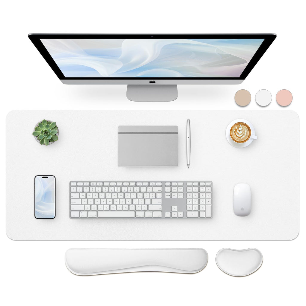 Bloss Leather Desk Pad and Keyboard Wrist Rest, Large Mouse Pad + Keyboard Pad+Mouse Wrist Support, Non-Slip Desk Mat Protector for Office, Home(31.5×15.7 Inches,Beige)