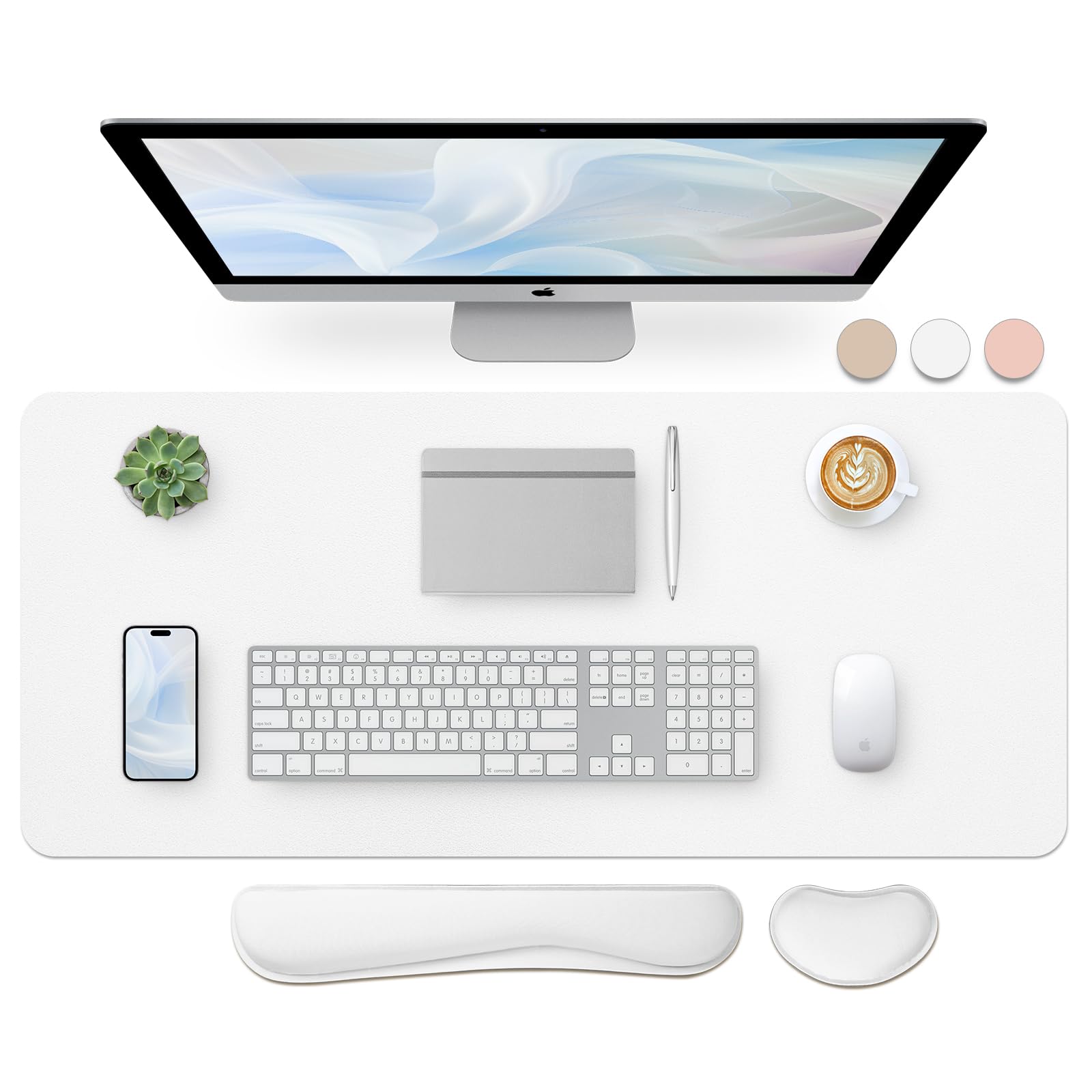 Bloss Leather Desk Pad and Keyboard Wrist Rest, Large Mouse Pad + Keyboard Pad+Mouse Wrist Support, Non-Slip Desk Mat Protector for Office, Home(31.5×15.7 Inches,Beige)