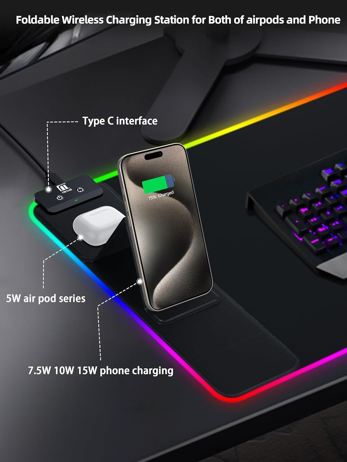 XXL Mouse Pad with Phone Holder - Black, RGB Desk Mat with 15W Fast Charging, LED Gaming Mousepad with 11 Light Colors, Waterproof Non-Slip Pad for Office & Home (Black with PD Adapter)