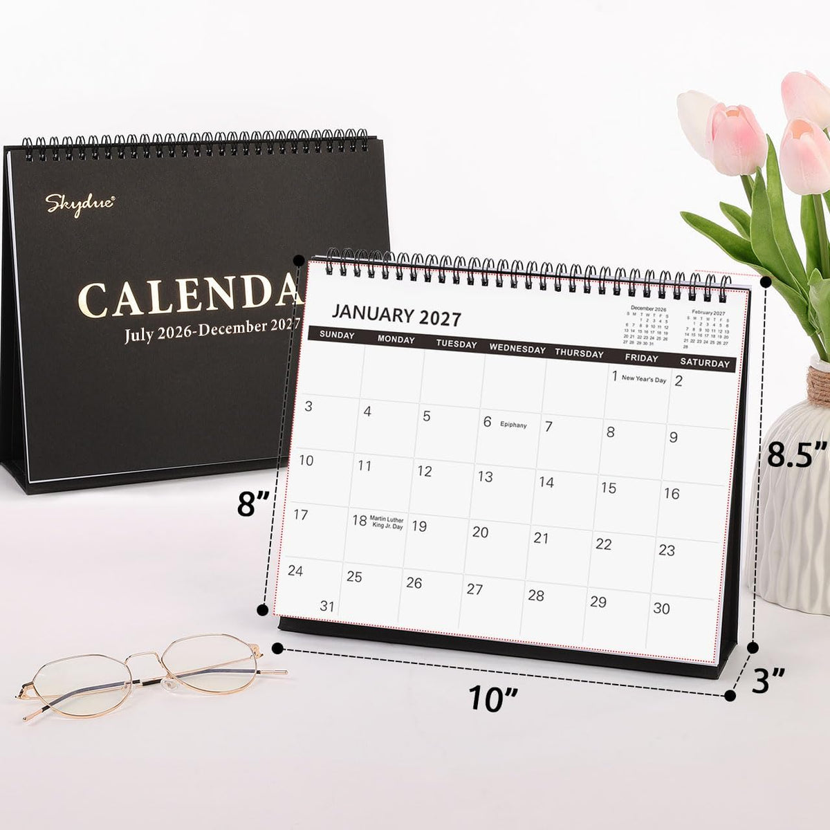 SKYDUE Desk Calendar 2026-2027, Jul 2026 to Dec 2027, 18 Months Small Desk Calendar with Planner Stickers, 10" x 8" Desktop Calendar Planner Standing Flip, Black