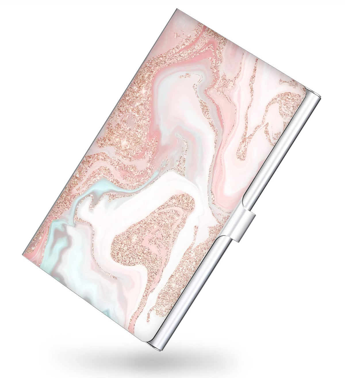 Business Card Holder，Color Printing Men's and Women's Business Card Case，Ultra-thin Metal Business Card Organizer，Carry-on Pocket Wallet Business Card Holder,Pink letters