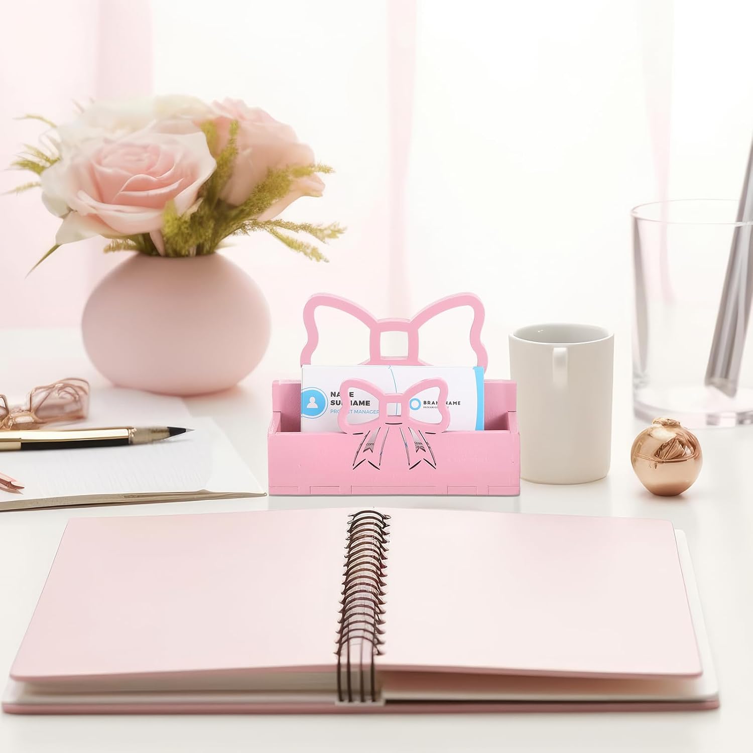 Weysat 2 Pcs Pink Bow Wooden Business Card Holders for Women Desk