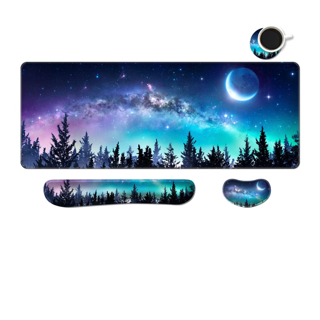 MIBITRI Keyboard Mouse Pad Set, Extended Gaming Mouse Pad+Ergonomics Keyboard Wrist Rest Support, Memory Foam, Easy Typing Pain Relief, 4Pcs XXL Ultra Thick Desk Mat, Enchanted Bookshelf