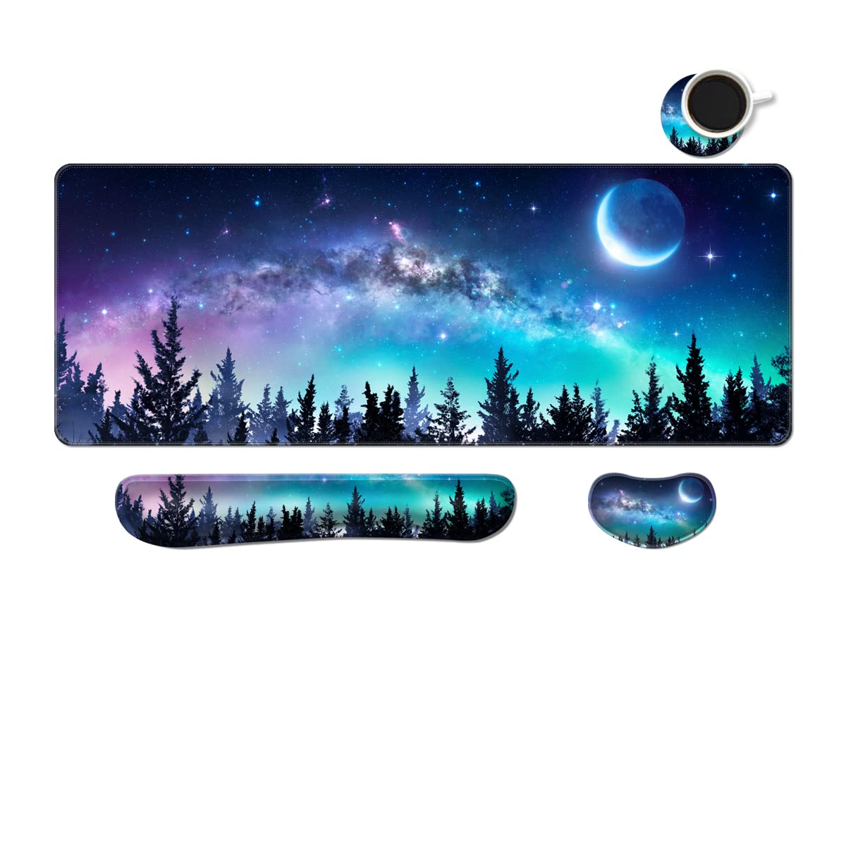MIBITRI Keyboard Mouse Pad Set, Extended Gaming Mouse Pad+Ergonomics Keyboard Wrist Rest Support, Memory Foam, Easy Typing Pain Relief, 4Pcs XXL Ultra Thick Desk Mat, Enchanted Bookshelf
