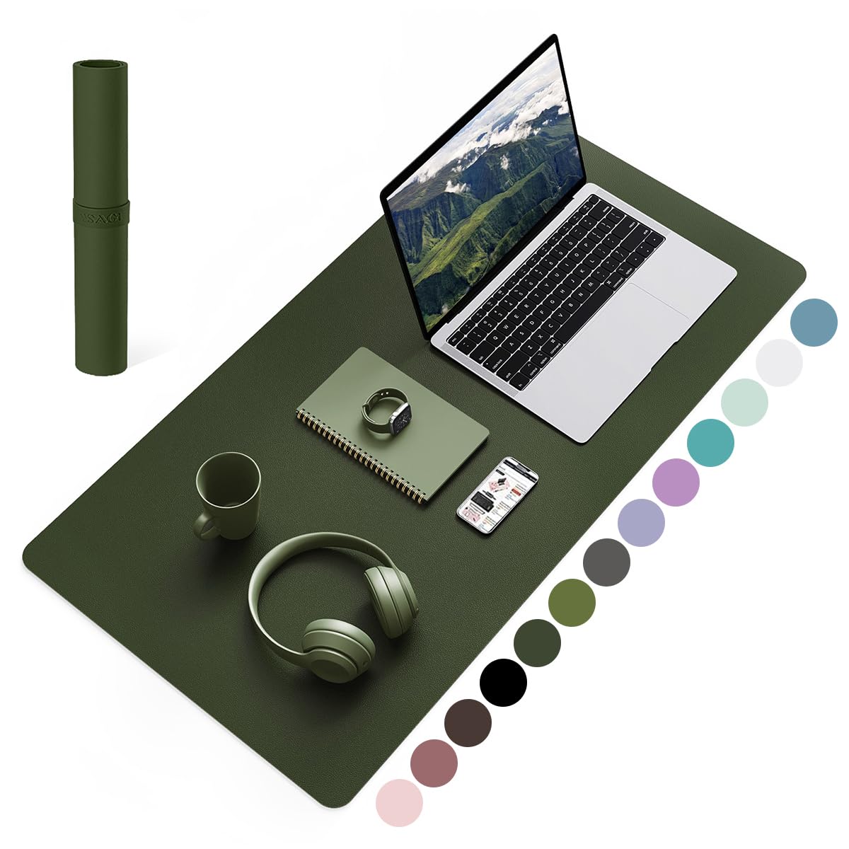 YSAGi Non-Slip Leather Desk Pad, Waterproof Laptop Computer Desk Keyboard Mat, Table Protector Blotter Mat, Large Mouse Pad for Office/Work/Home/Decor(Olive Green, 31.5" x 15.7")