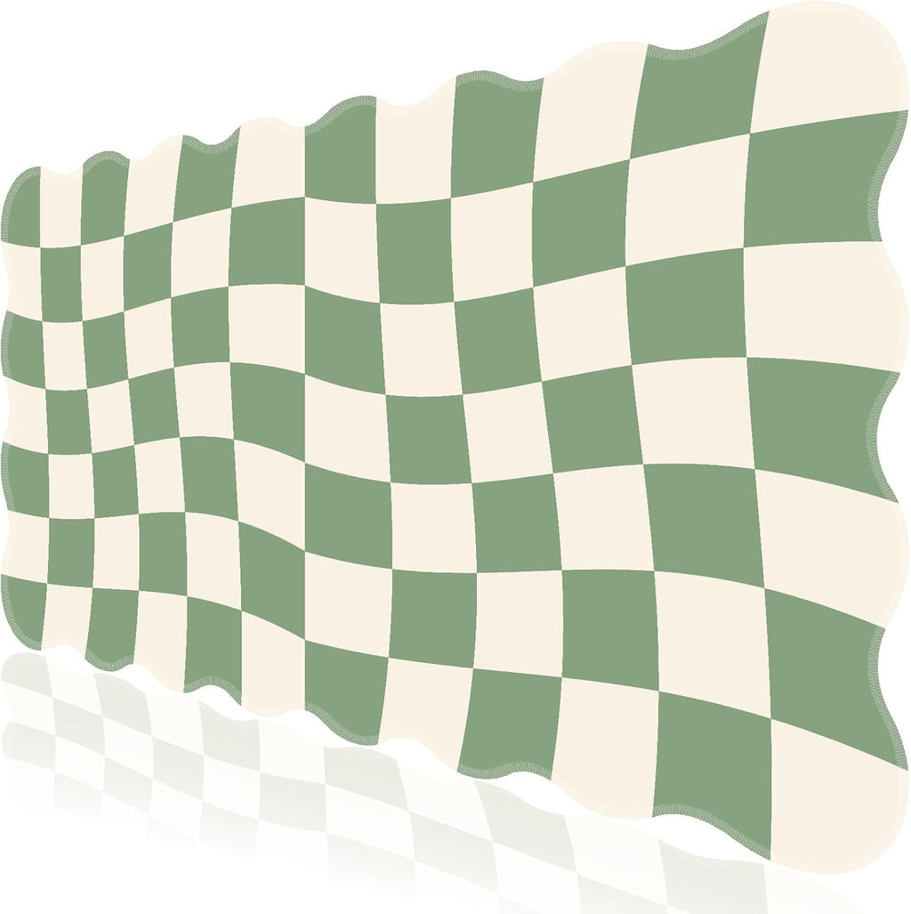 L-SPOUTTO Green Mouse Pad,Geometric Desk Mat XXL Large Scalloped Gaming Mousepad,35.4x15.7in Non-Slip Rubber Base Keyboard Pad Waterproof Desktop Mat for Laptop Computer Game Home Office-Checkered