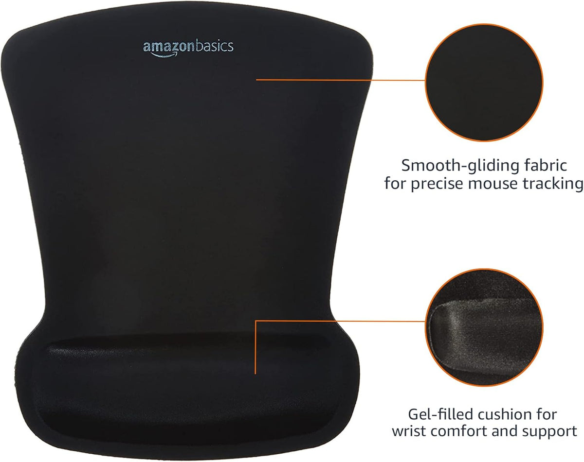 Amazon Basics Ergonomic Mouse Pad with Wrist Support for Pain Relief, Gel-Filled Cushion, Non-Slip Rubber Grip Base, 10.1 x 8.1 Inches, Black