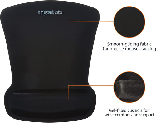Amazon Basics Ergonomic Mouse Pad with Wrist Support for Pain Relief, Gel-Filled Cushion, Non-Slip Rubber Grip Base, 10.1 x 8.1 Inches, Black