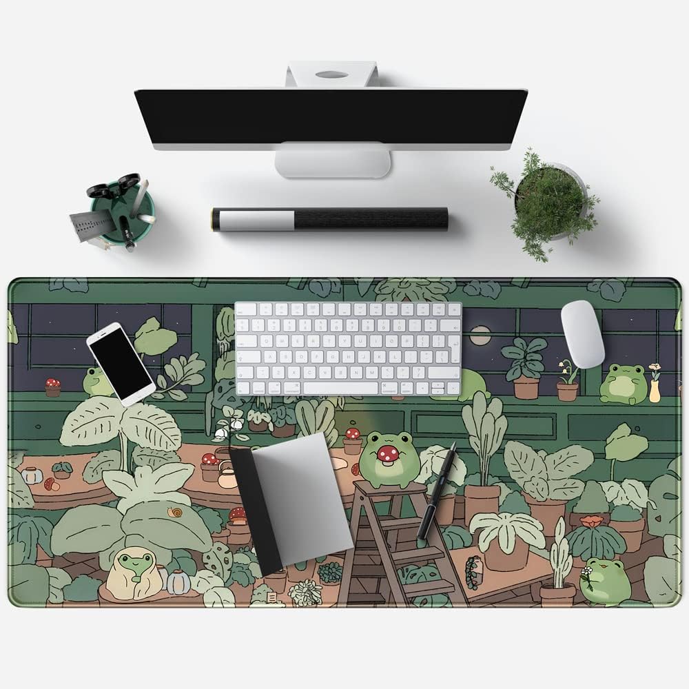 Cute Frog Mouse Pad Desk Pad Kawaii Green Decor Mat, Large Gaming Mouse Pad for Desk Computer Keyboard Laptop, Desk Decor Home Office Accessories for Girl (31.5x15.7 in) with Stitched Eges Pad