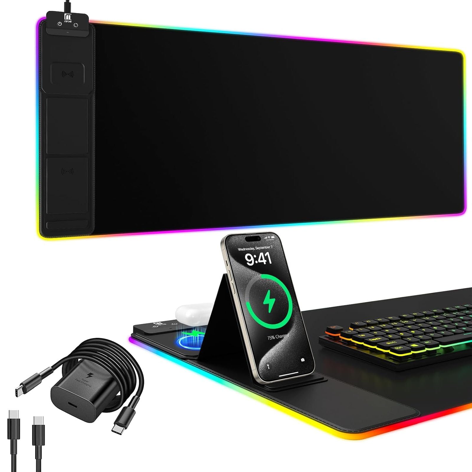 Wireless Charging RGB Mouse Pad with Phone Stand, Large Gaming Desk Mat