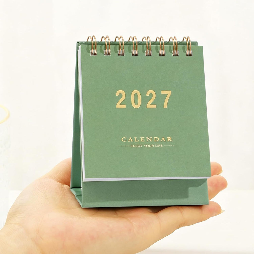 Mini Desk Calendar 2026-2027 - Runs From July 2026 until Dec 2027 Monthy Small Desktop Calendar 250 GSM Thick Paper Twin-Wire Binding for Home or Office (Green)
