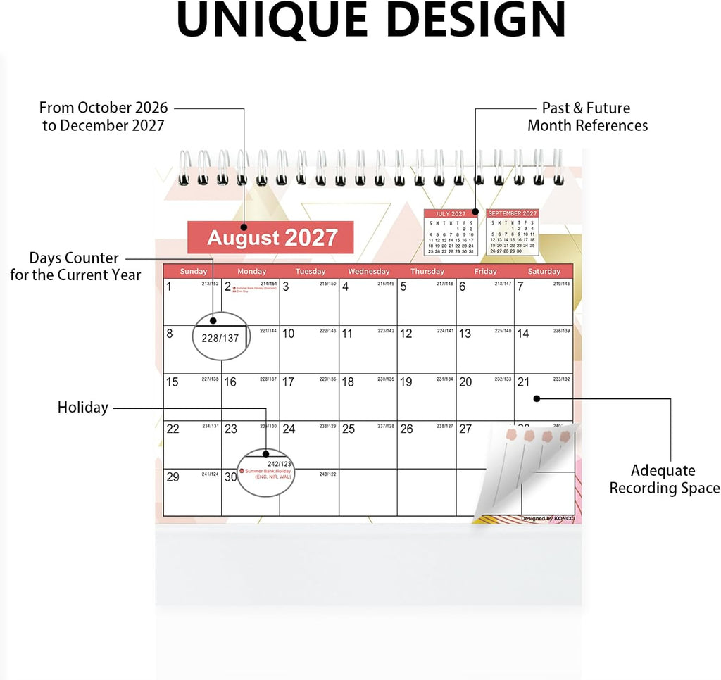Koncci Small Desk Calendar 2026-2027, Desktop Calendar Oct.2026-Dec.2027