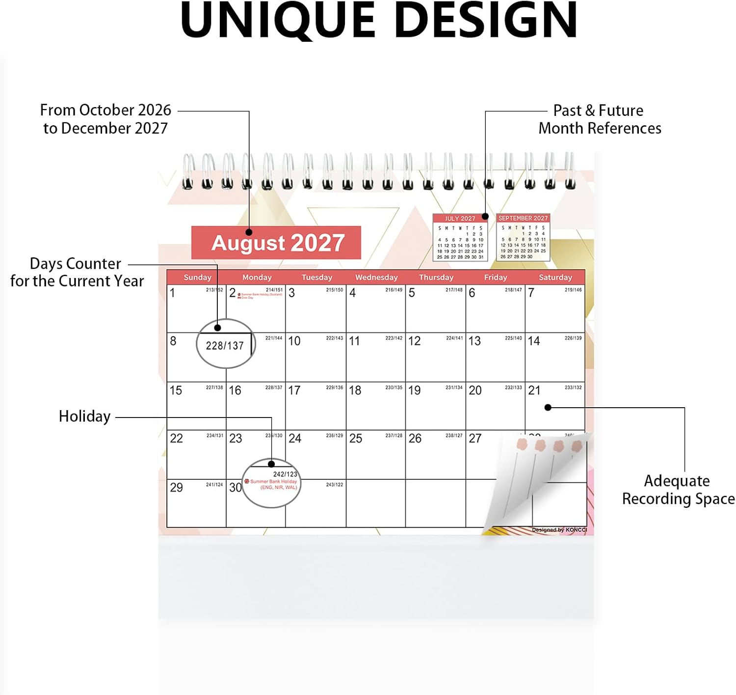 Koncci Small Desk Calendar 2026-2027, Desktop Calendar Oct.2026-Dec.2027