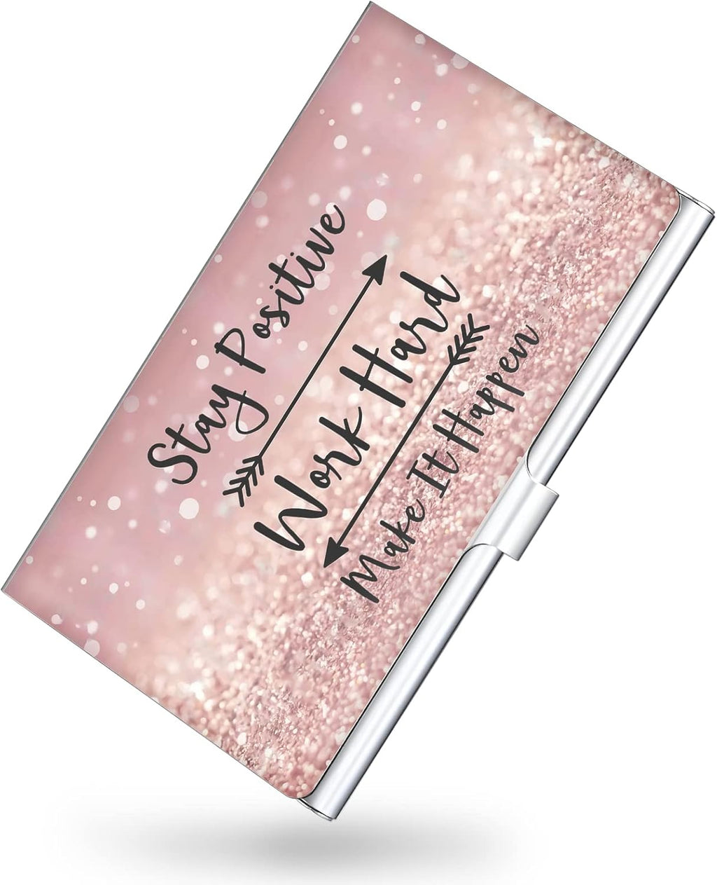 Business Card Holder，Color Printing Men's and Women's Business Card Case，Ultra-thin Metal Business Card Organizer，Carry-on Pocket Wallet Business Card Holder,Pink letters