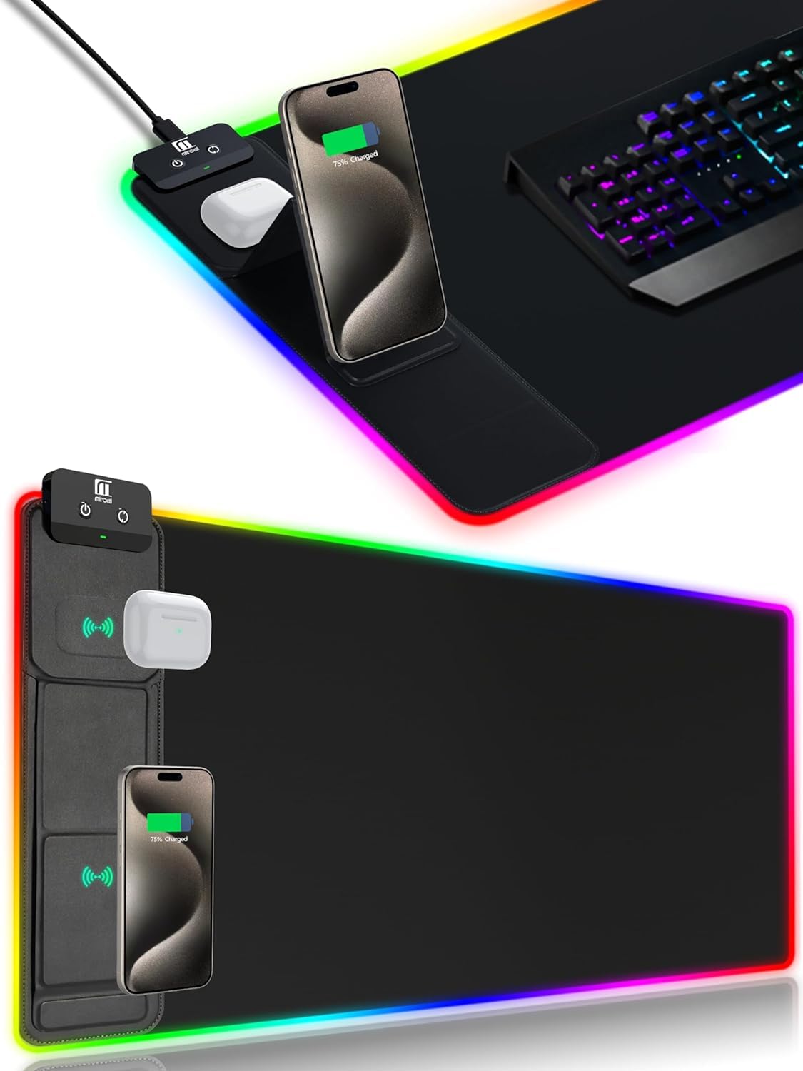 XXL Mouse Pad with Phone Holder - Black, RGB Desk Mat with 15W Fast Charging, LED Gaming Mousepad with 11 Light Colors, Waterproof Non-Slip Pad for Office & Home (Black with PD Adapter)