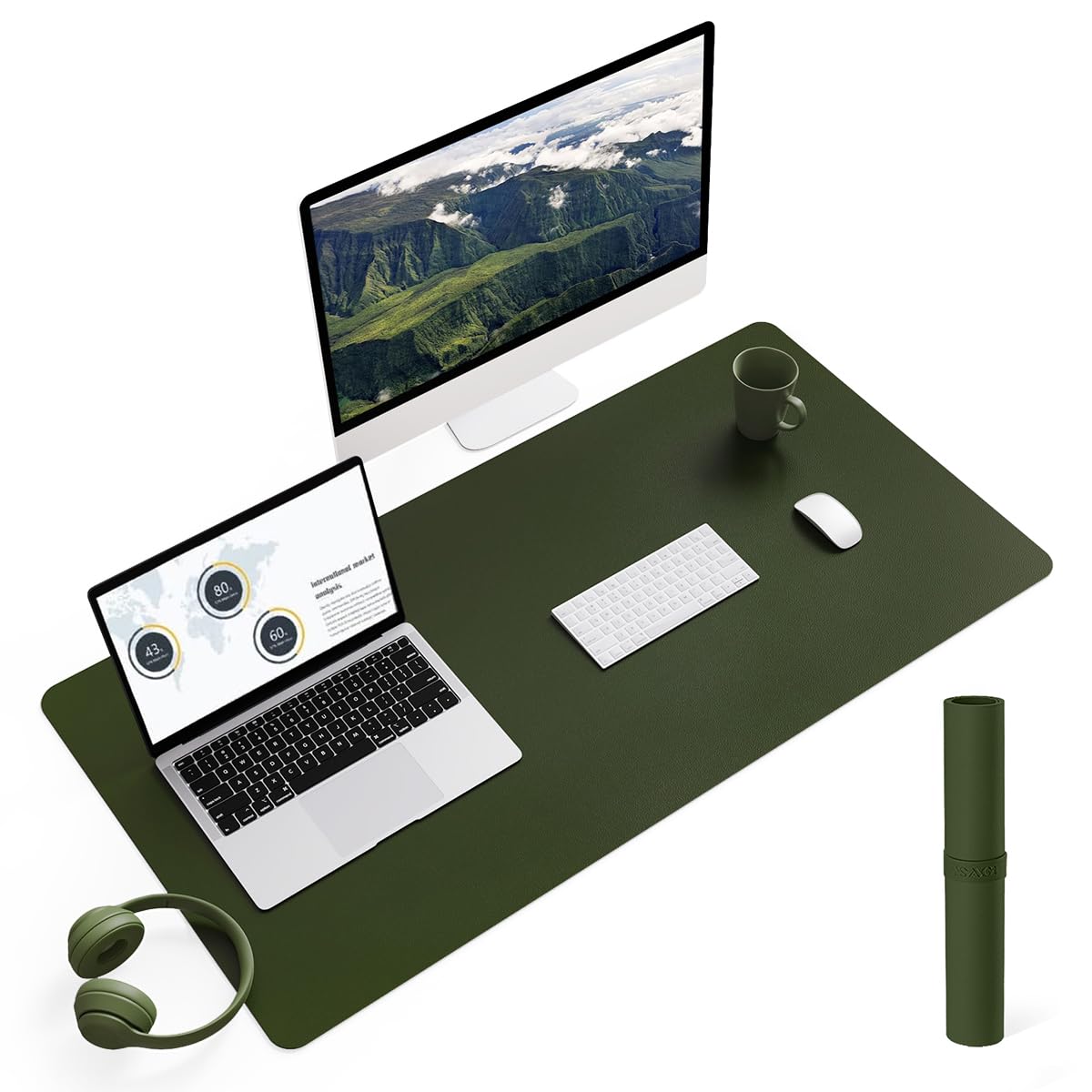YSAGi Non-Slip Leather Desk Pad, Waterproof Laptop Computer Desk Keyboard Mat, Table Protector Blotter Mat, Large Mouse Pad for Office/Work/Home/Decor(Olive Green, 31.5" x 15.7")