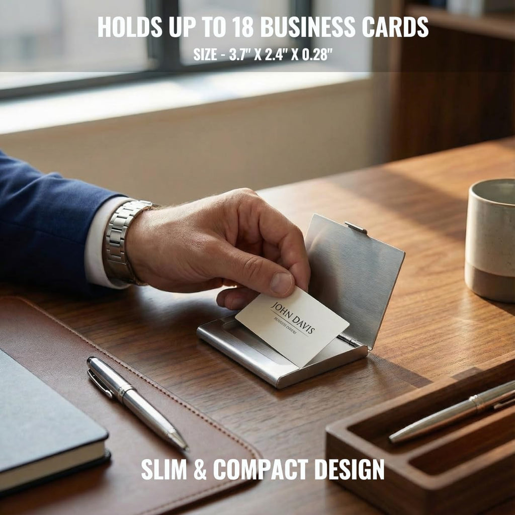 Business Card Holder, for Men and Women, Slim Minimalist Design Case, Stainless Steel Metal, Fits 18 Business Cards in Pocket
