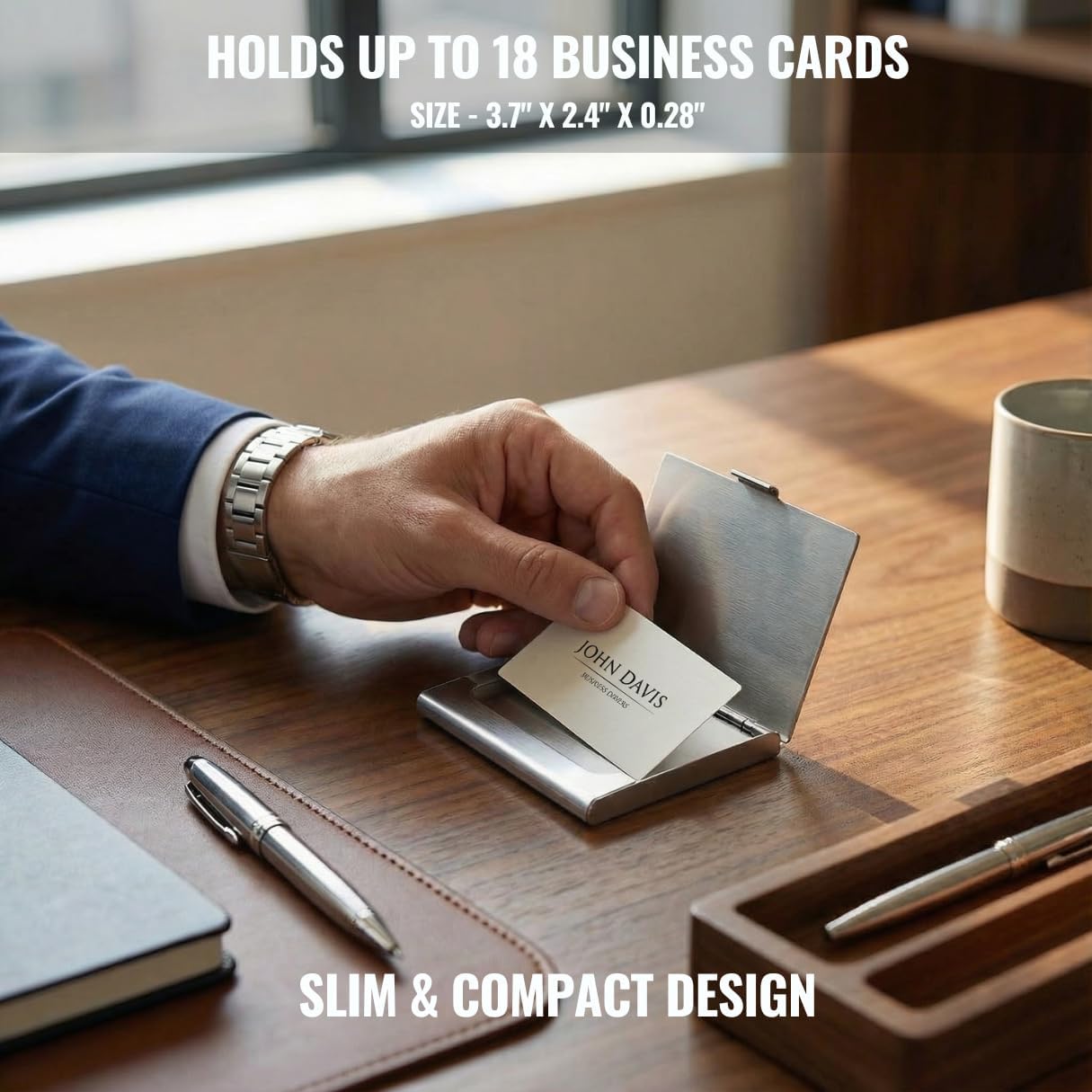 Business Card Holder, for Men and Women, Slim Minimalist Design Case, Stainless Steel Metal, Fits 18 Business Cards in Pocket