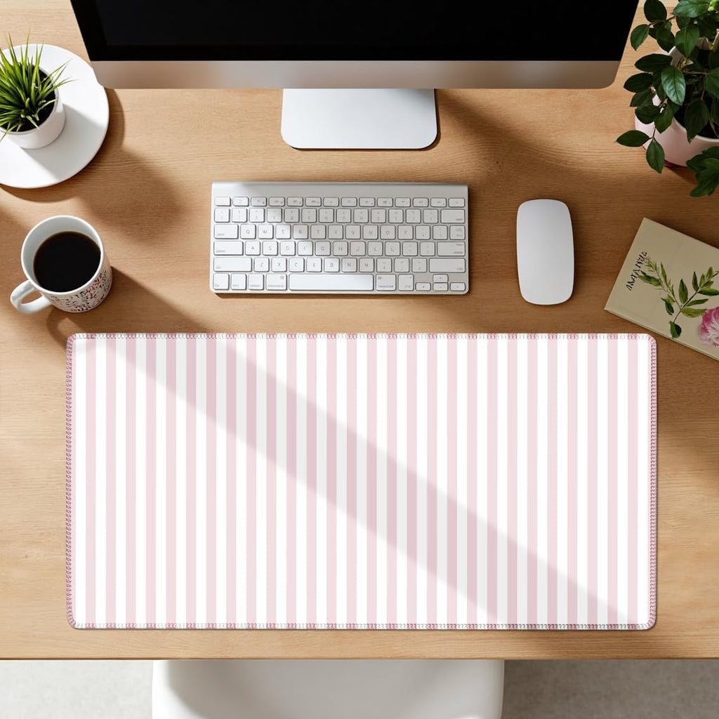 Light Pink Striped Desk Mat Cute Pastel XXL Large Gaming Mouse Pad Desk Pad Kawaii Cozy Aesthetic Keyboard Laptop Computer Mat Home Office Decor for Women
