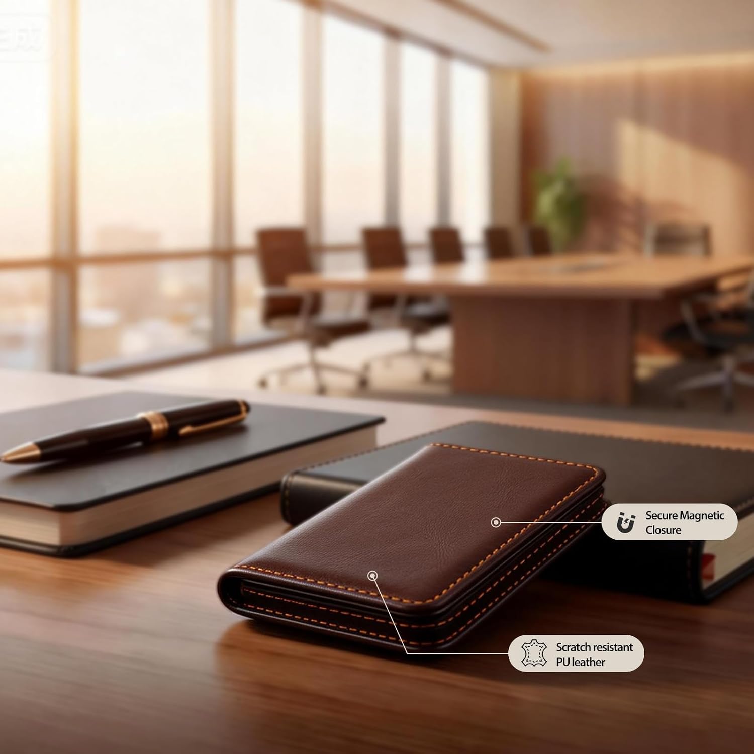 Business Card Holder PU Leather with Magnetic Closure, Slim Pocket Name Card Case for Men & Women, Professional Card Wallet for Office & Travel (Brown)