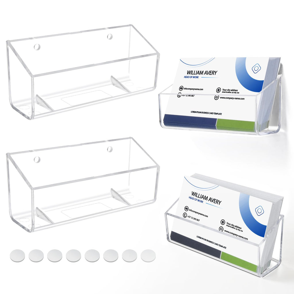 Acrylic Business Card Holder, 2 Pack Wall Mount Name Card Holder, Office Calling Cards Display Holder Stand, Visiting Cards Desktop Organizer for Wall Mount or Place on Desk, Fits 40-60 Business Cards