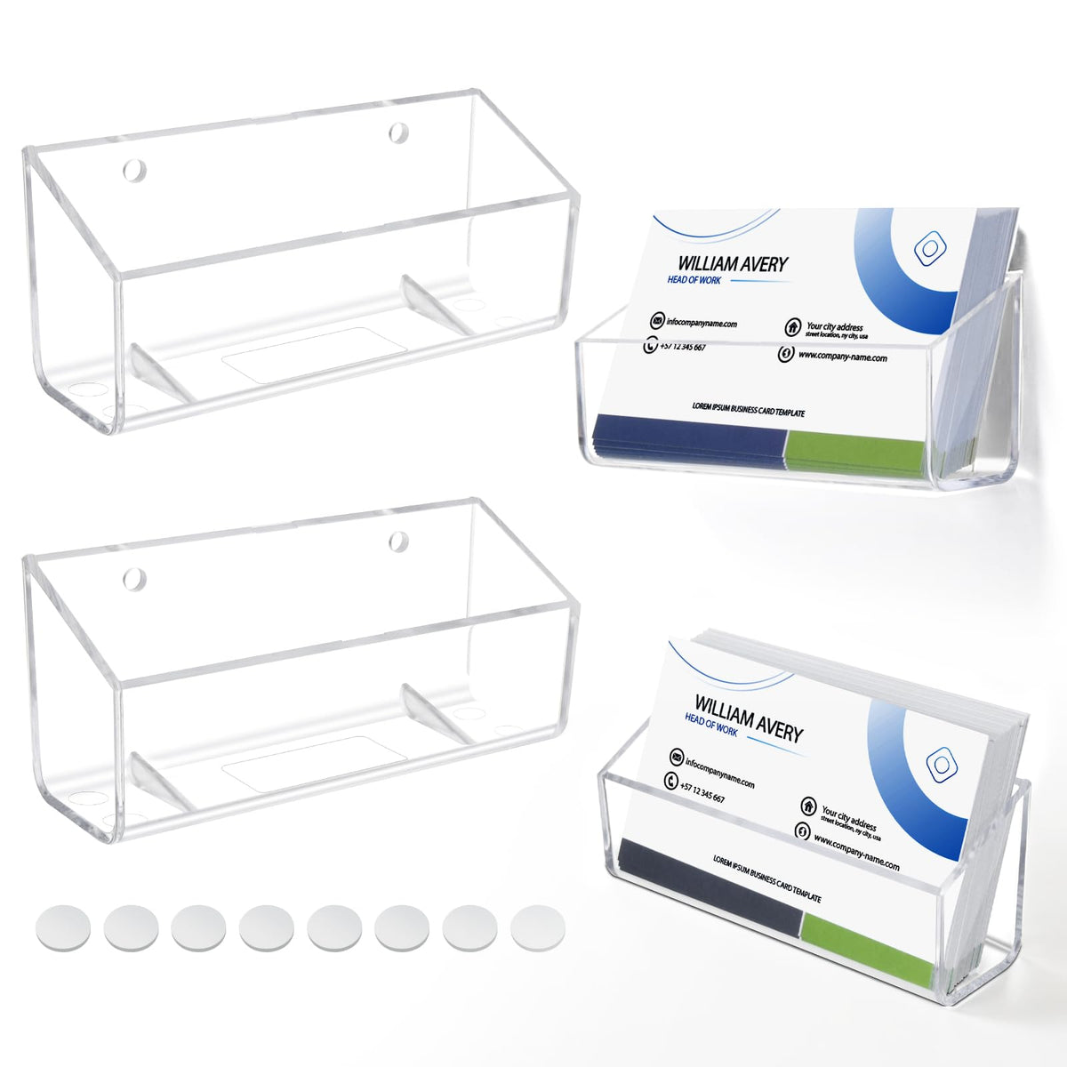 Acrylic Business Card Holder, 2 Pack Wall Mount Name Card Holder, Office Calling Cards Display Holder Stand, Visiting Cards Desktop Organizer for Wall Mount or Place on Desk, Fits 40-60 Business Cards