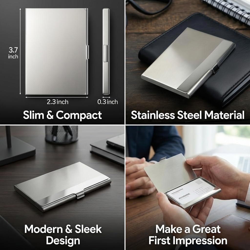 Business Card Holder, for Men and Women, Slim Minimalist Design Case, Stainless Steel Metal, Fits 18 Business Cards in Pocket