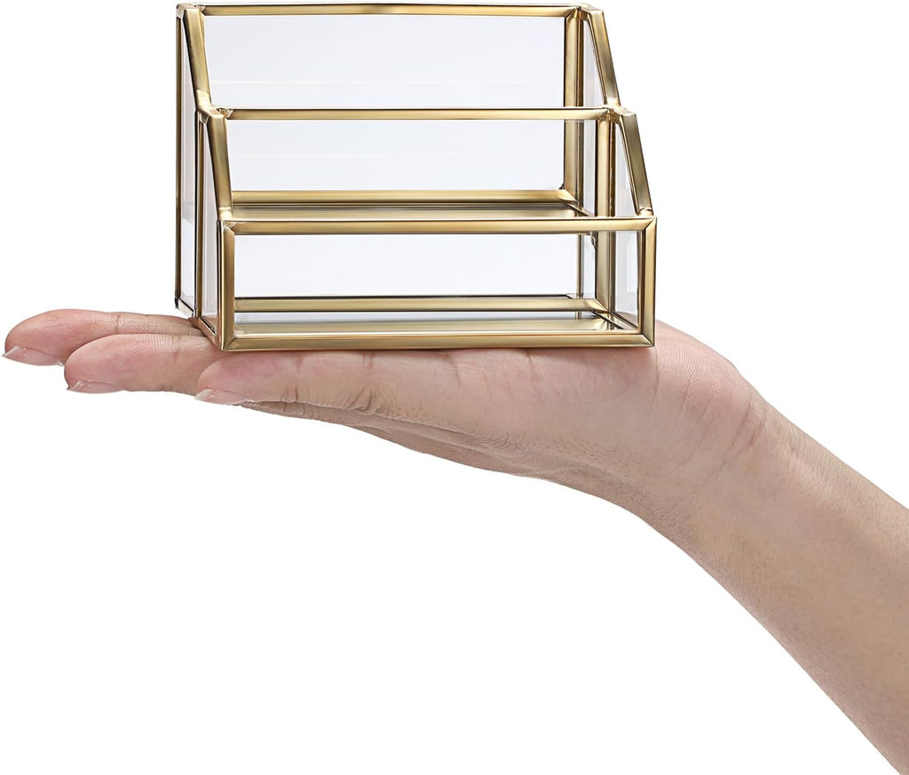 Hipiwe Glass Business Card Holder for Desk 2 Slots Gold Name Card Stand
