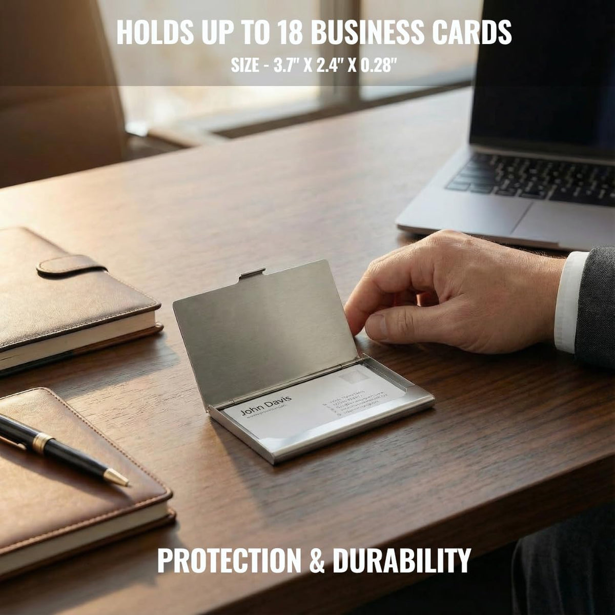 Business Card Holder, for Men and Women, Slim Minimalist Design Case, Stainless Steel Metal, Fits 18 Business Cards in Pocket