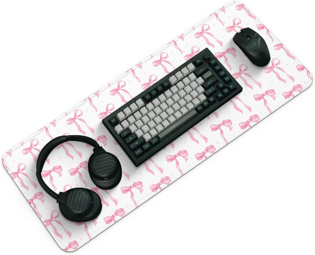 Large Computer Mouse Pad with Non-Slip Base for Desktop, Cute Gaming Mouse Mat with Stitched Edges, Long Extended Anime Mousepad for Laptop, 31.5 x 11.8 inches (Cute Ribbon Bow)