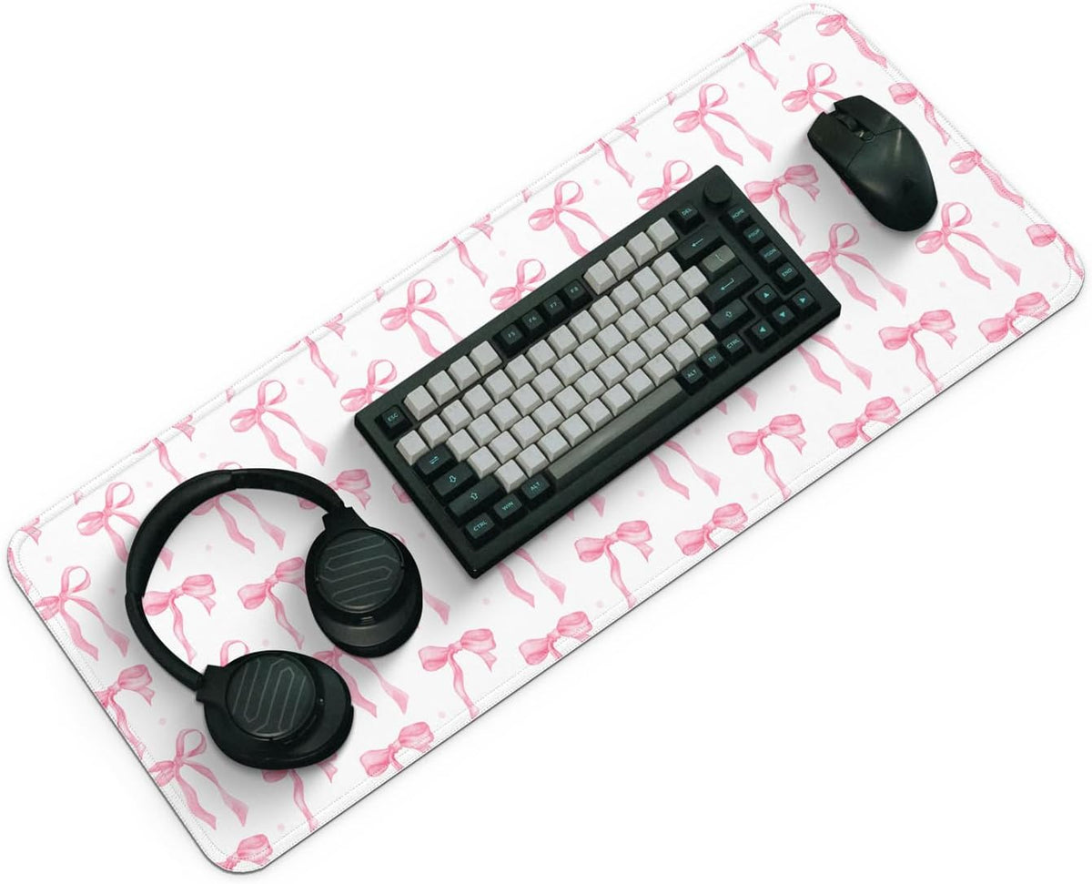 Large Computer Mouse Pad with Non-Slip Base for Desktop, Cute Gaming Mouse Mat with Stitched Edges, Long Extended Anime Mousepad for Laptop, 31.5 x 11.8 inches (Cute Ribbon Bow)